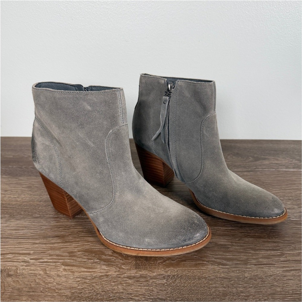 Sam Edelman Womens 9 M Gray Suede Ankle Boots Block Heel Side Zip Booties
